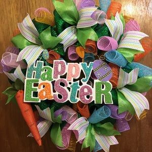 Happy Easter Deco Mesh Wreath with Burlap Carrot